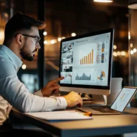 Ein konzentrierter Produktmanager analysiert Daten an einem modernen Schreibtisch mit Laptop und Tablet. Auf einem Bildschirm im Hintergrund wird eine Priorisierungsmatrix zur effizienten Product Discovery angezeigt. Der Arbeitsplatz ist minimalistisch und professionell gestaltet, ideal für datengetriebene Entscheidungen.