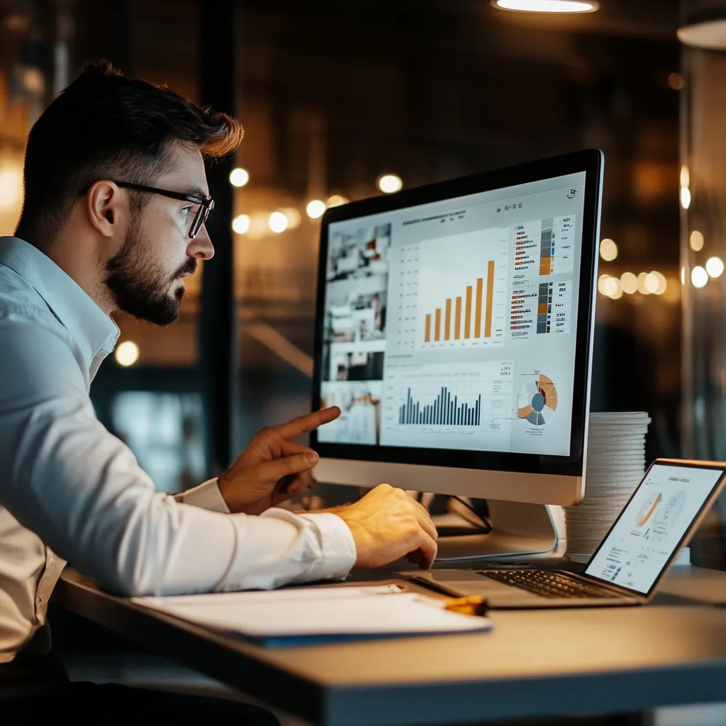 Ein konzentrierter Produktmanager analysiert Daten an einem modernen Schreibtisch mit Laptop und Tablet. Auf einem Bildschirm im Hintergrund wird eine Priorisierungsmatrix zur effizienten Product Discovery angezeigt. Der Arbeitsplatz ist minimalistisch und professionell gestaltet, ideal für datengetriebene Entscheidungen.