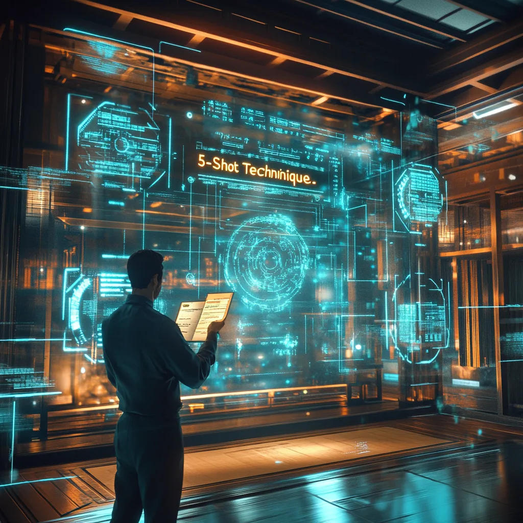 Ein futuristisches Dojo, in dem ein Produktmanager die 5-Shot-Technik für Produktmanager meistert. Holographische Datenströme und leuchtende Panels repräsentieren die innovative Verbindung von KI und Produktmanagement.